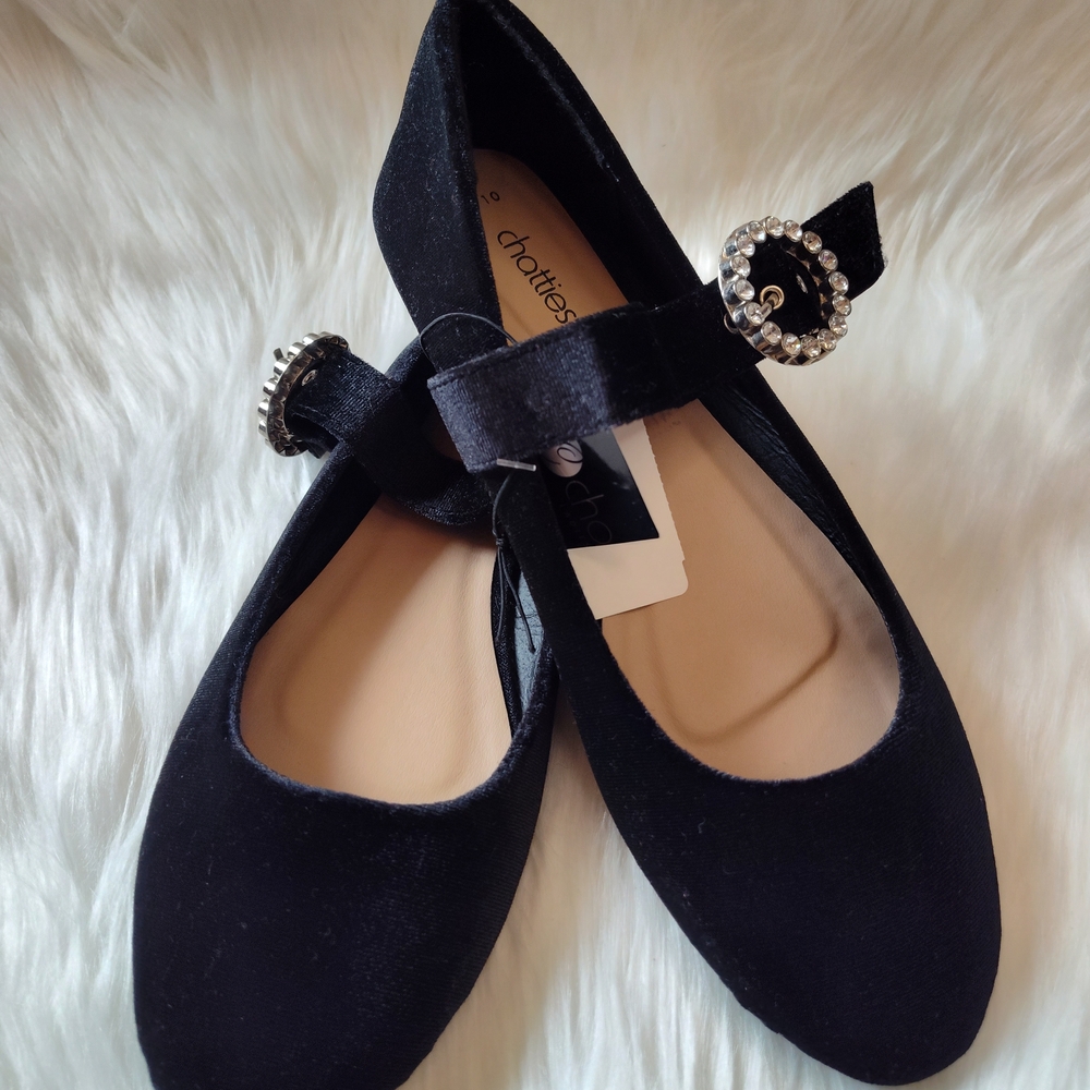 Chatties Black Flats with Rhinestone Buckle
